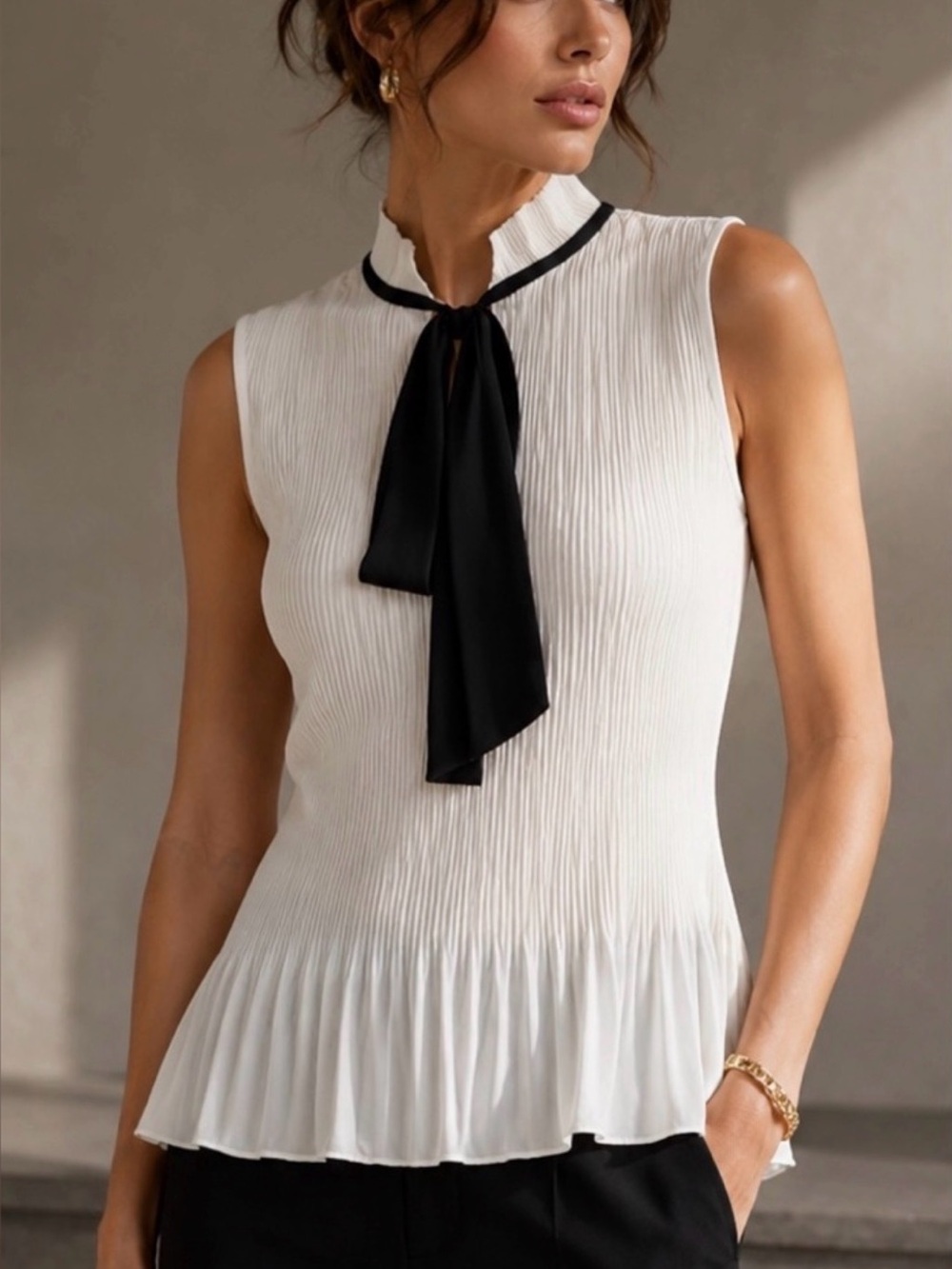 DKNY Sleeveless White Pleated Peplum Blouse with Black Tie Size M